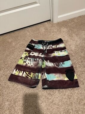 Lost Maroon Swim Board Shorts with Aqua and Lime Stripes